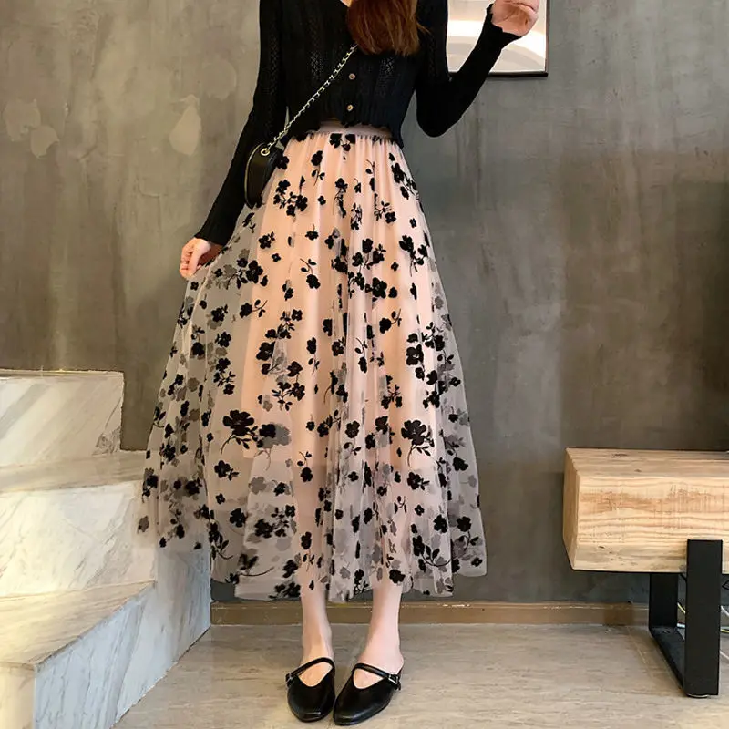 

2021 Print Floral Tulle Long Skirt Women Fashion High Waist Vintage Mesh Pleated Length Skirts Casual Elastic Waist C1
