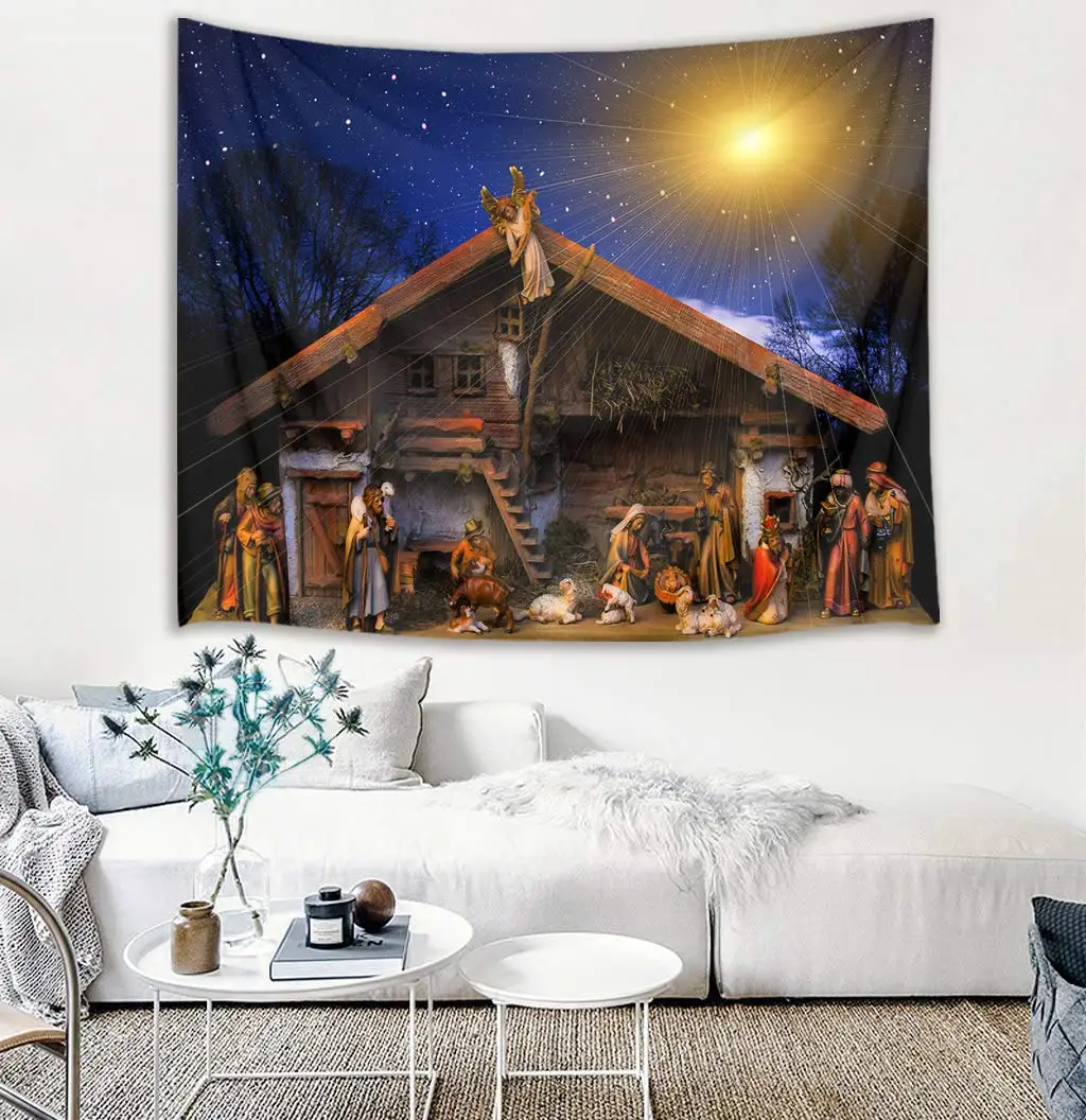 Tapiz de cielo estrellado de Navidad, Escena de pesebre de Jes&uacute;s, Natividad, mantas de pared-1