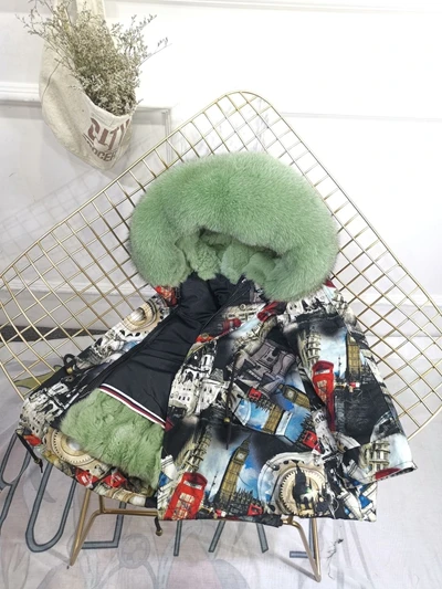 Gear Green Fur Детская зимняя куртка с отделкой из меха, пальто для мальчиков и девочек утепленное пальто из меха кролика с граффити, Детская меховая куртка для девочек, TZ147 - Цвет: Gear Green Fur