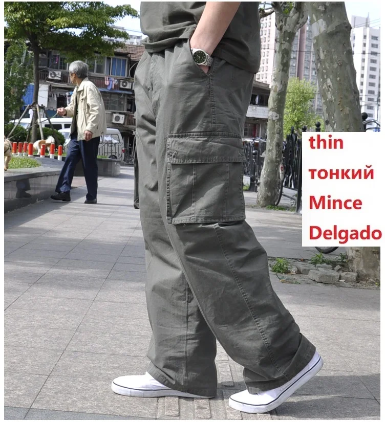thin army green Зимние мужские хлопковые плотные брюки-карго с карманами на молнии, большие размеры, 8XL, 10XL, 9XL, 140 кг, повседневные штаны в стиле сафари, черные, 48 - Цвет: thin army green