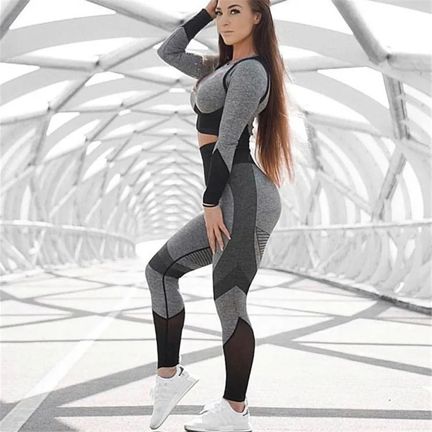 CB600 grey set Зимний бесшовный спортивный костюм из 2 предметов, женский спортивный костюм, одежда для тренажерного зала, тренировочная одежда с длинным рукавом, укороченный топ для фитнеса, резинки, леггинсы, комплект для йоги - Цвет: CB600 grey set