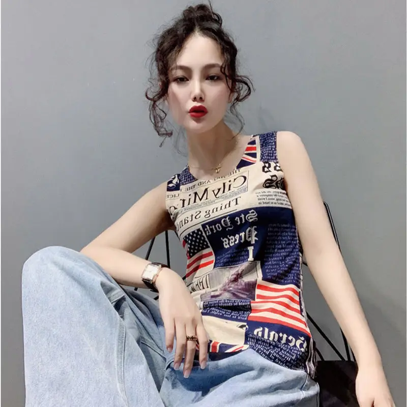

Summer Fashion Personality Printed Sleeveless Vest Women's Outer Wear Slim-fit Inner with A Small Sling Bottoming Top