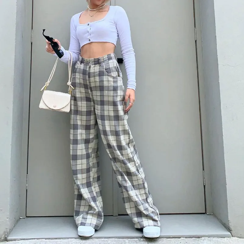 

Plaid Print Wide Leg Pant Casual Fashion Loose Vintage Harajuku Pants Summer High Elastic Waist Y2k Korean Women Straight Pant