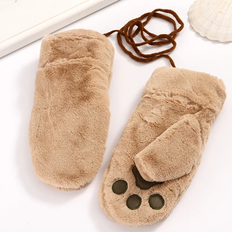 Зимние женские Медвежонок лапы перчатки Теплый мягкий флис Fuuny милые висящие для