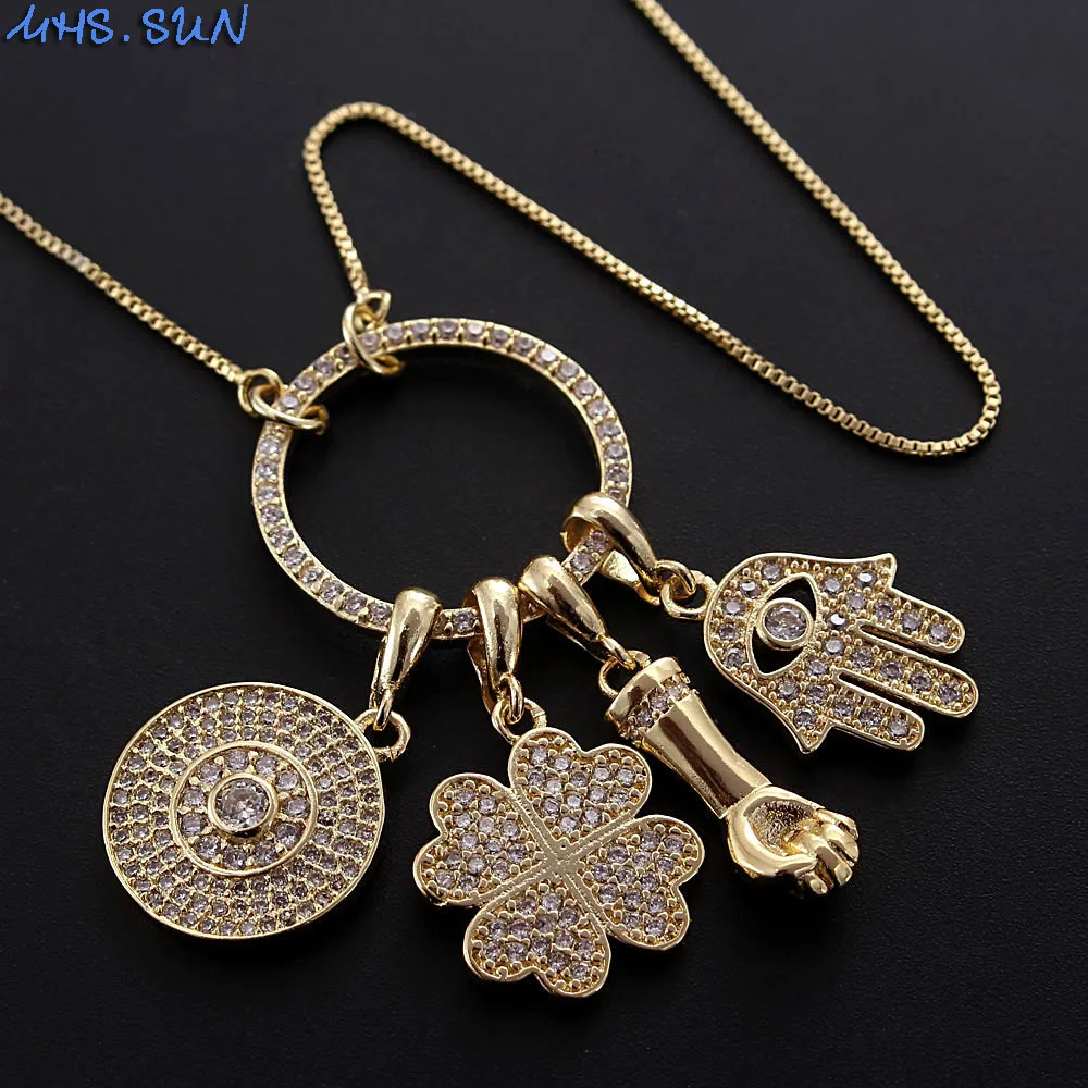 

MHS.SUN Newest Lucky Clover/Eye Hand Hamsa Pendant Necklace With AAA Zircon Jewelry Link Chain Collier For Women Party Gift