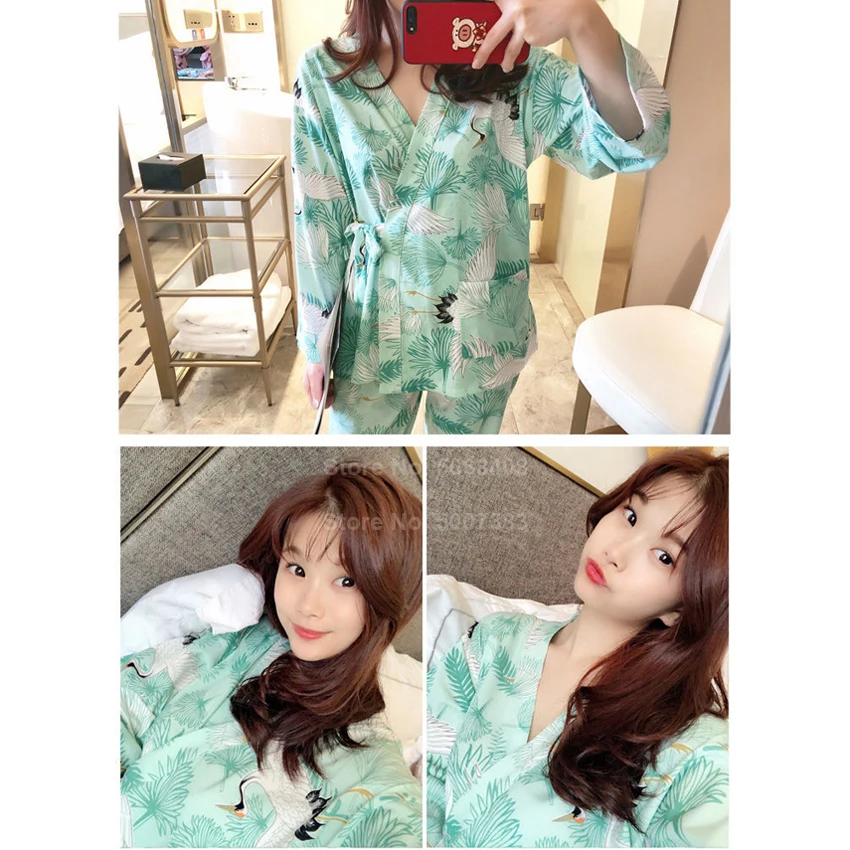 

Japanese Korean Girls Yukata Kimono Women V-neck Cardigan Pyjamas Sweet Harajuku Flamingo Crane Print Autumn Winter Sleepwear