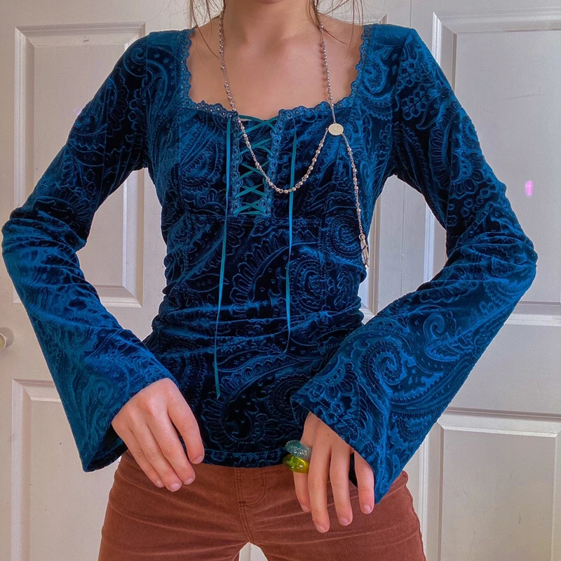 

Women's y2k Fairycore Grunge Crop Top Square Neck Flare Sleeve Lace Up Slim Fit T-shirt Retro Tees 90s Vintage Streetwear