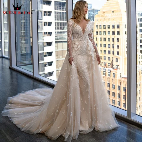 Съемное женское платье с длинным рукавом, Тюлевое кружевное роскошное свадебное платье с жемчугом, новый дизайн 2023, изготовленное на заказ DS86