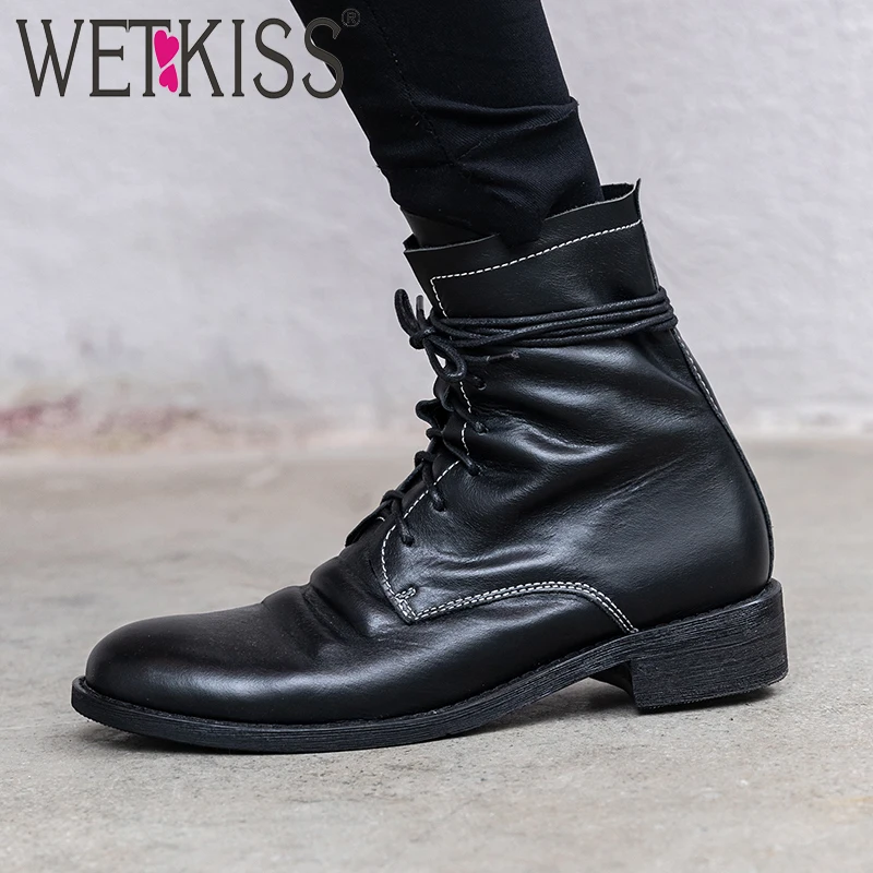 WETKISS/ботинки на низком каблуке женские ботильоны из коровьей кожи обувь со