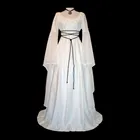 Женское готическое платье для косплея, однотонное длинное платье с круглым вырезом, длинным рукавом и поясом для вечерние, # g3, на Хэллоуин