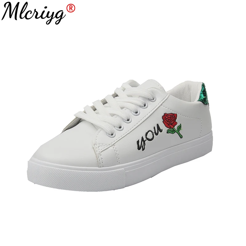 

2021 Women Shoes White Sneakers Embroidered Flowers Flats Spring Women White Canvas Shoes Lace-up Casual Woman Tenis Feminino