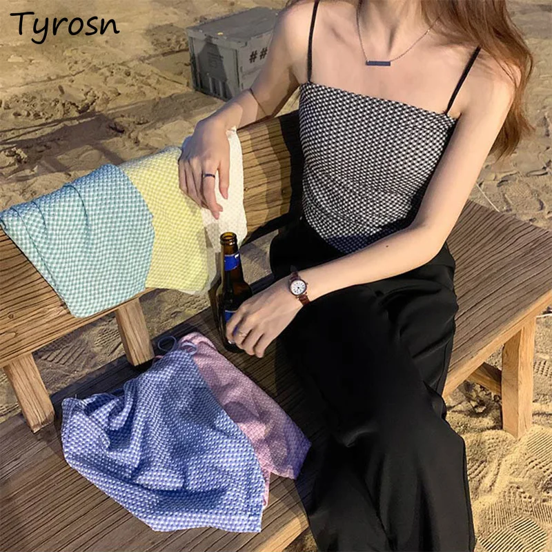

Асимметричная клетчатая майка на бретелях, модная универсальная летняя пикантная уличная одежда, треугольные укороченные майки в винтажно...