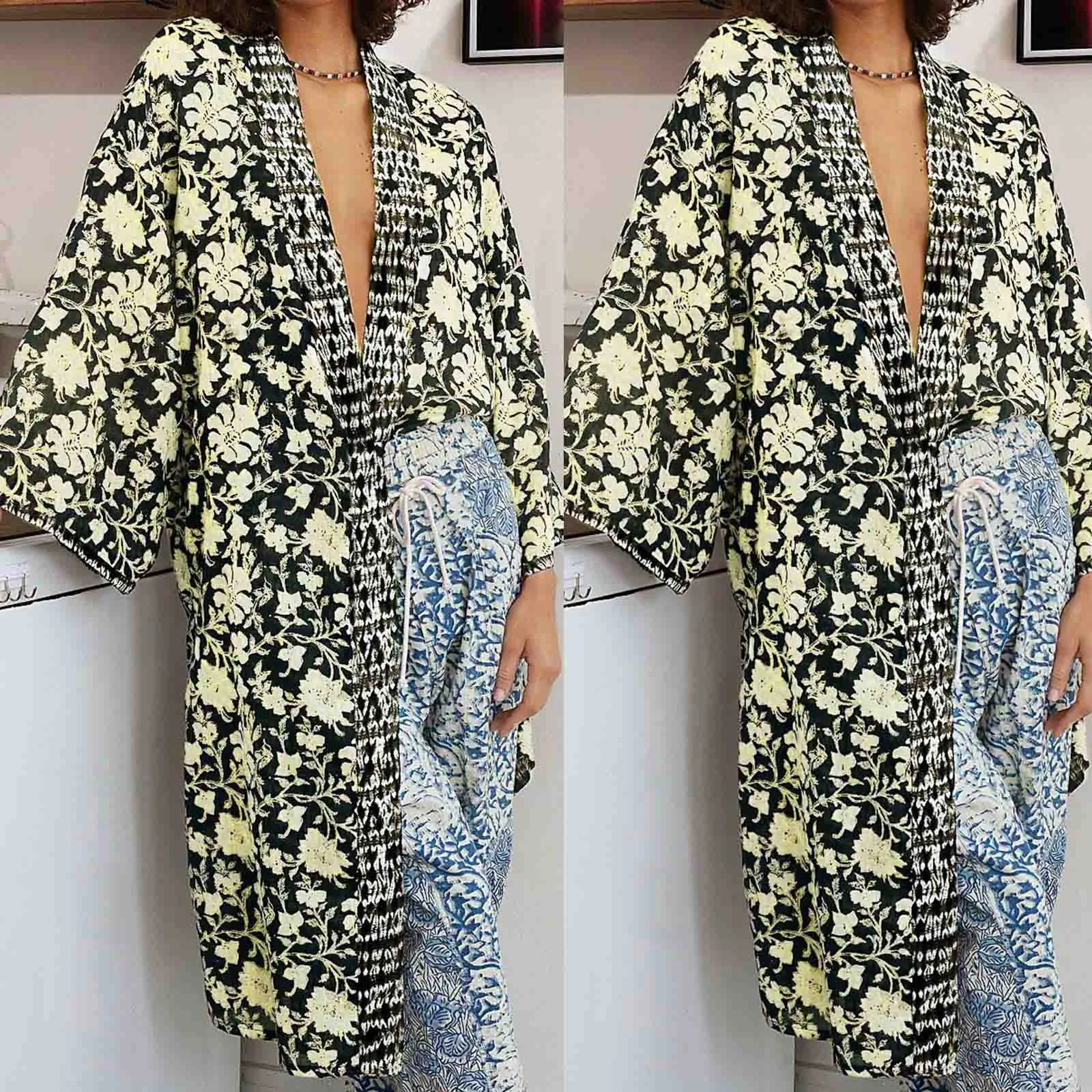 

Floral Kimono Cardigan Tunics For Beach Women Swimsuit Cover-ups Woman Chiffon Blouse Shirt Beach Cover Up Beachwear Vestidos