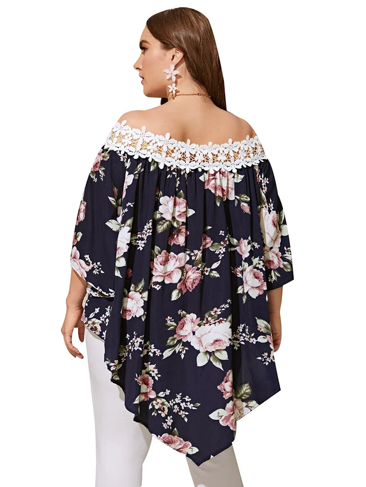 

Spring 2021 new printed lace stitching bat shirt one neck off shoulder plus size top aesthetic clothes 2021 fashion clothing