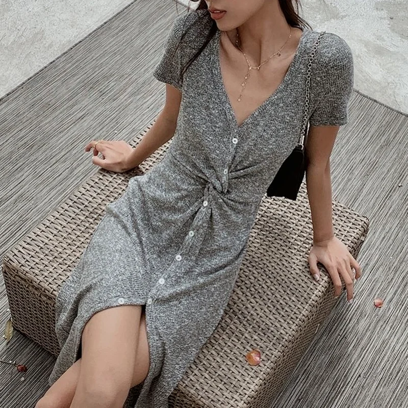 

Autumn Fashion V-neck Mid-length Dress Slim Gray Vestido Casual Short-sleeved Single-breasted Buttoned Button Dress Long Dress