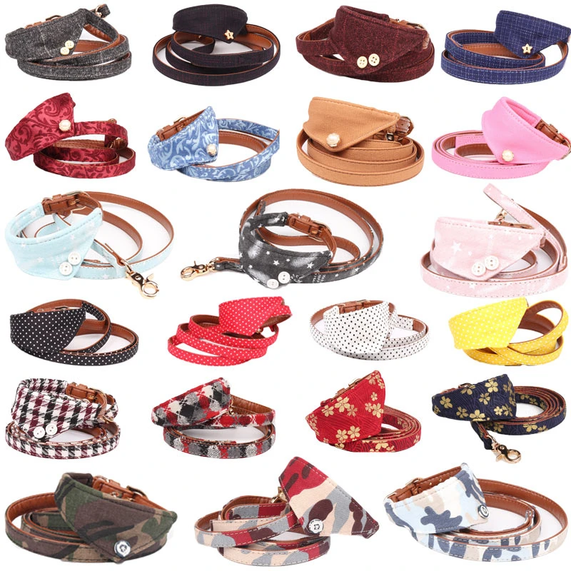 

Leather Dog Collar Bandana Leash Cat Pet Collier Chain Fabric Plaid Dot Scarf for Small Middle Perro Chihuahua Teddy Pug Product