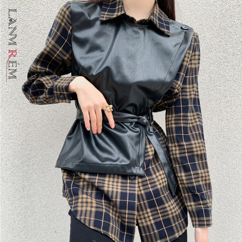 

Женская клетчатая блузка LANMREM, модная уличная рубашка из искусственной кожи, универсальная верхняя одежда, 2D1227