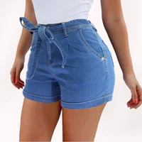 light blue jean shorts for women summer fashion bowknot sashes high waist booty shorts feminino sexy tight short jeans hotpants