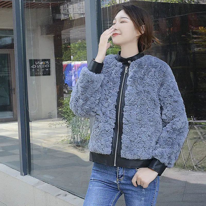 

2021 Autumn Winter Women Faux Rabbit Fur Outerwear Lady Casual Lambs Wool Warm Jacket Female Luxury Loose Motorcycle Coats M362