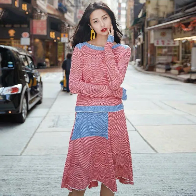 2019 женский свитер костюмы 2 шт уличный модный пуловер + юбка-зонтик контрастный