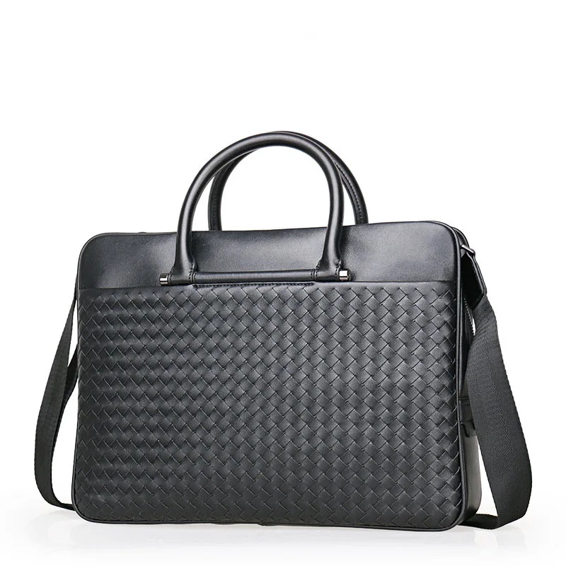 2022 New Luxury Weave Cow Genuine Leather Business Men's Briefcase Male Briefcase Shoulder Bag Men Messenger Laptop Computer Bag