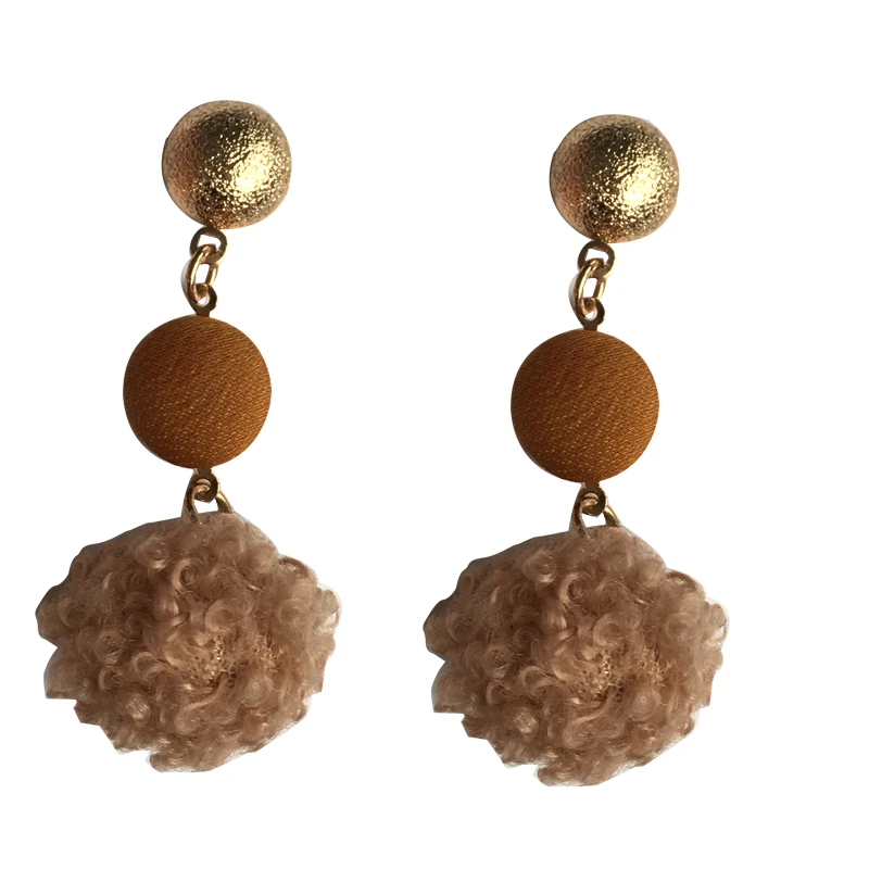 

S925 needle Pompon Earrings Autumn Winter Style Round Ball Golden Plating Brown Bead Hanging Dangle Earrings Women Girl Gifts