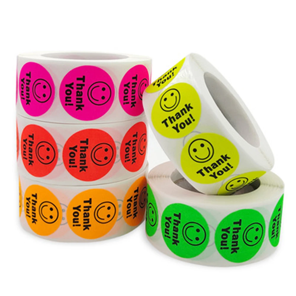 

500Pcs/Roll 1 Inch Fluorescent Color Thank You Smiley Face Reward Stickers Fou Children's Day Thanksgiving Labels Gifts Toys