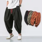 Брюки мужские свободного покроя в китайском стиле, повседневные хлопково-льняные однотонные штаны-султанки в стиле Харадзюку, уличная одежда, размера плюс на осень