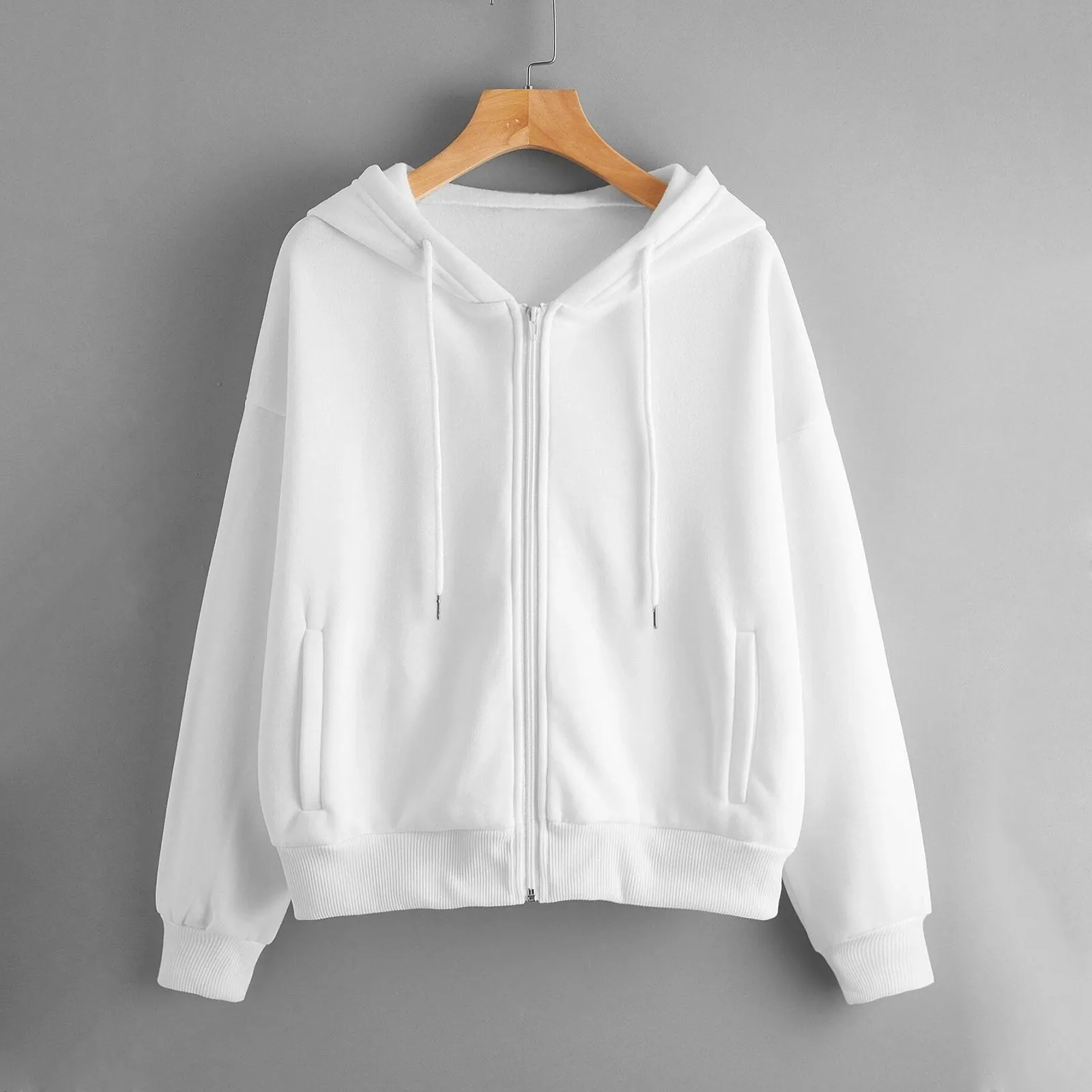 

Casual Zipper Pocket Hoodies Solid Long Sleeve Hooded Sweatshirt Tops Women's Spring Jackets Harajuku Sudaderas Blouse Moletom