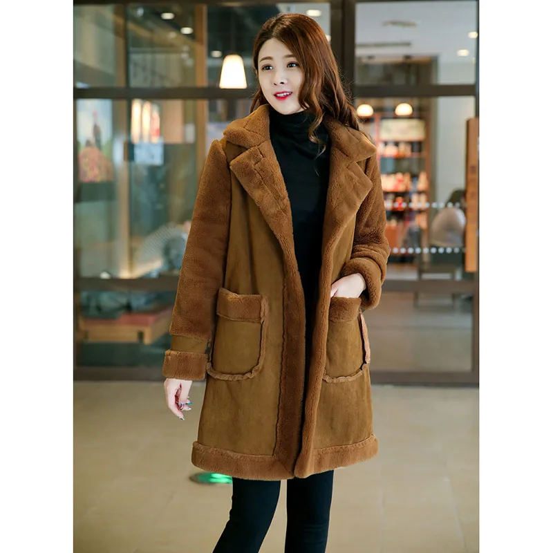 Женское пальто из искусственной кожи и овечьей шерсти длинное плотное теплое