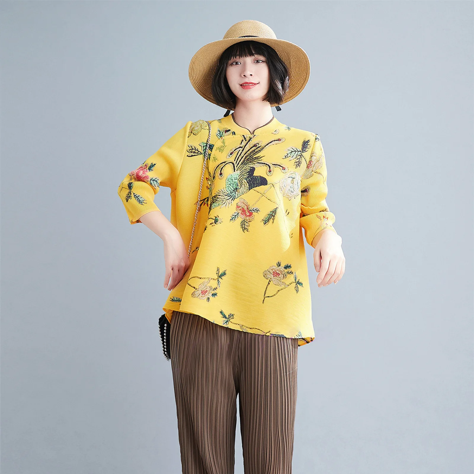 Changpleat Chinese style print women's half high neck T-shirt Miyak fold Fashion plus size cheongsam three-quarter sleeve top