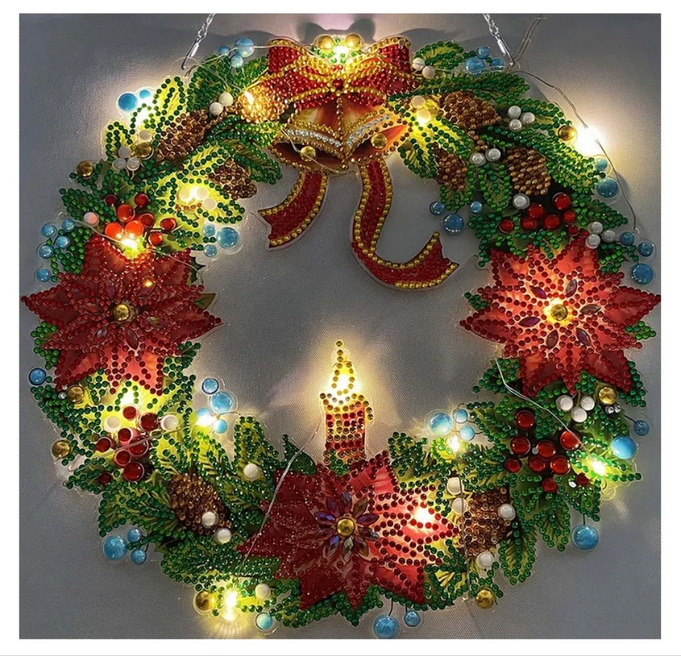 

1pcs Christmas Diamond Painting Kits Wreath DIY Diamond Art Gnomes Painting Garland Ornaments PVC With Tool Led Light Wall Decor