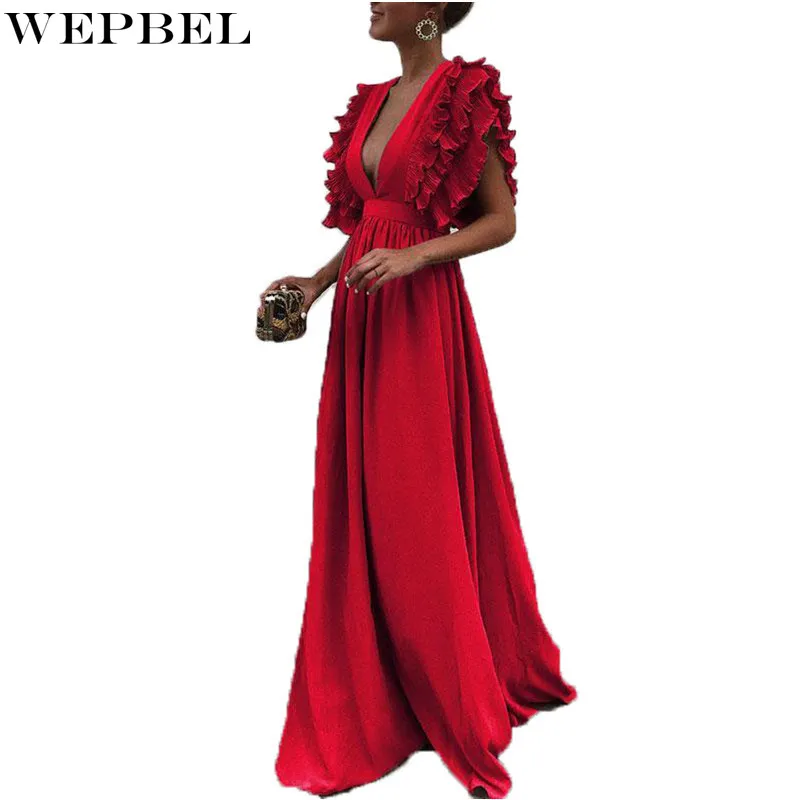 

WEPBEL Для женщин Элегантные Вечерние вечернее платье женское сексуальное без рукавов с оборками и низким вырезом на глубокий v-образный вырез...