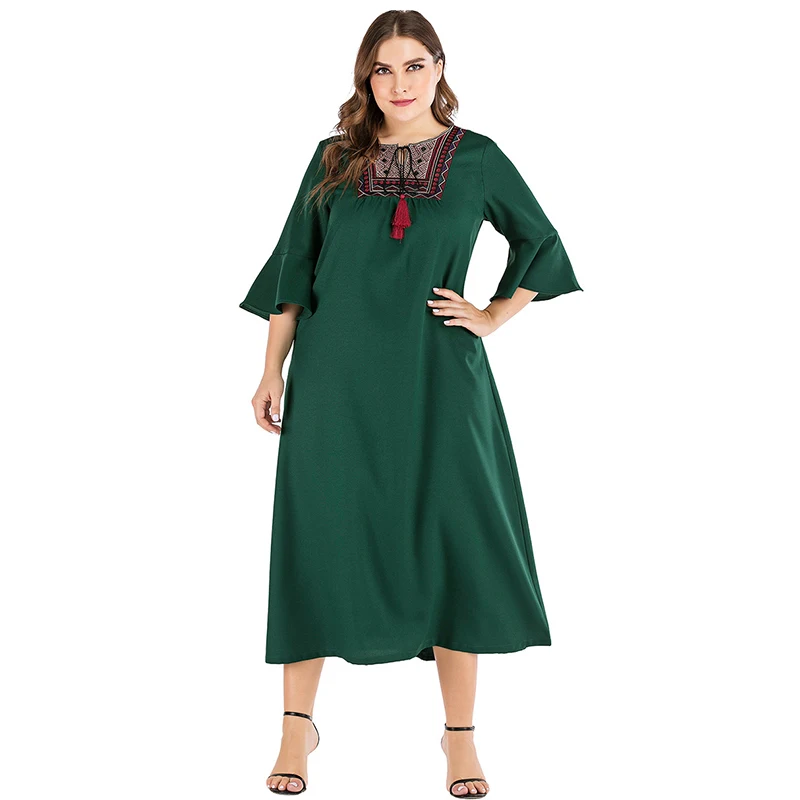 Женское этническое платье с вышивкой элегантное зеленое трапеция размера плюс