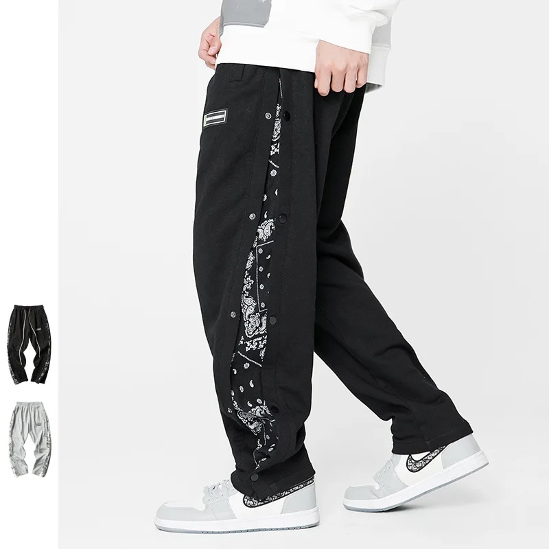 

Breasted Pants Men's Spring Tide Brand Hip-hop Cashew Flower Stitching Straight Loose Wide-leg Casual Sports Men Gym Sweatpants