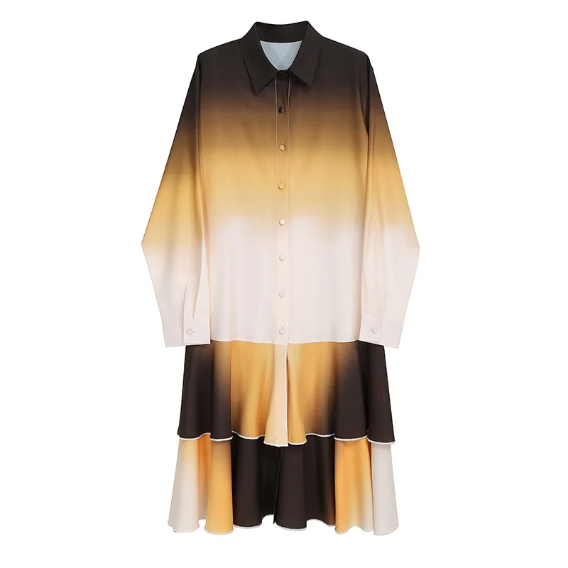 

SuperAen Spring 2021 New Fashion Casual Loose Gradient Printed Ruffles Patchwork Turn Down Collar Shirt Dresses for Women