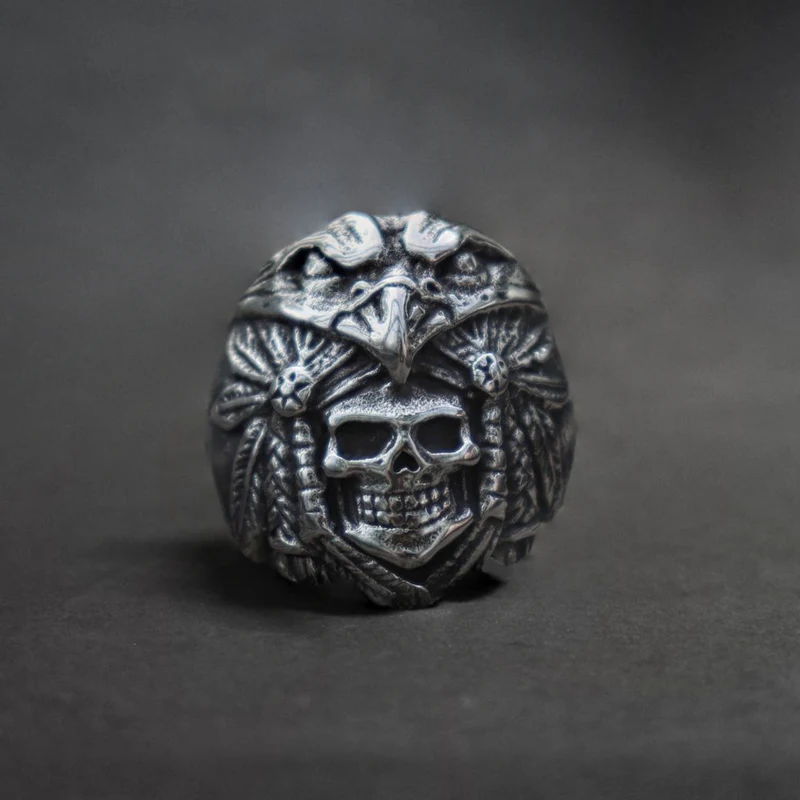 

Vintage Men's Indian Eagle Warrior Skull Ring Gothic Punk Silver Color Stainless Steel Ring Retro Men's Ethnic Amulet Jewelry