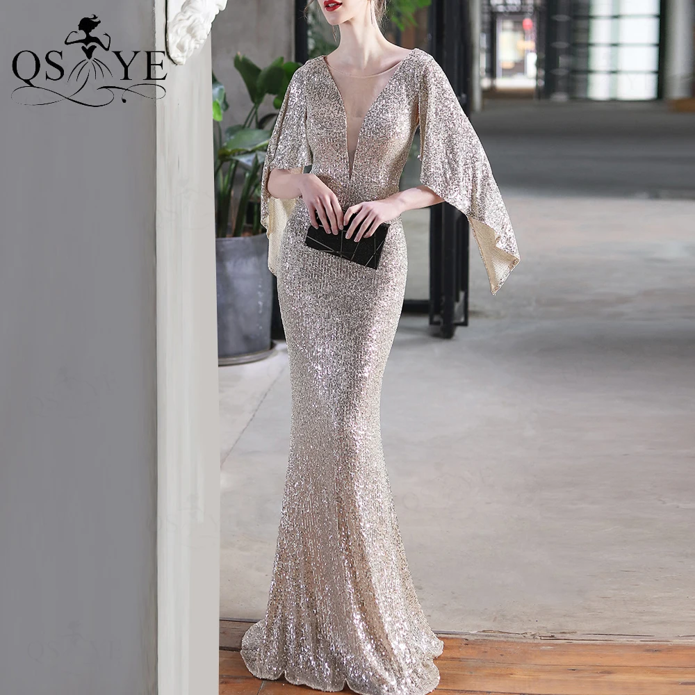 

Silver Evening Dresses Mermaid Short Sleeves Sexy V Neck Evening Gown Elegant Glitter Bat Sleeves Formal Party Shiny Dress Women