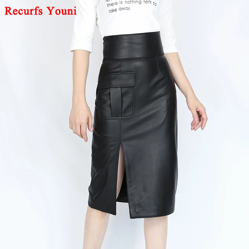 RY9332 Winter Women High Waist Genuine Leather 70cm Long Skirts Lady Blue/Black Split Sexy Wrap Saias OL Pencil Maxi Skirt