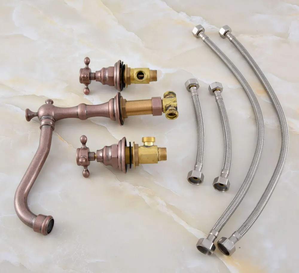 

Antique Copper Bathroom Sink Faucet Cold and Hot Widespread 3 Holes Bathroom Basin Mixer Tap tsf630