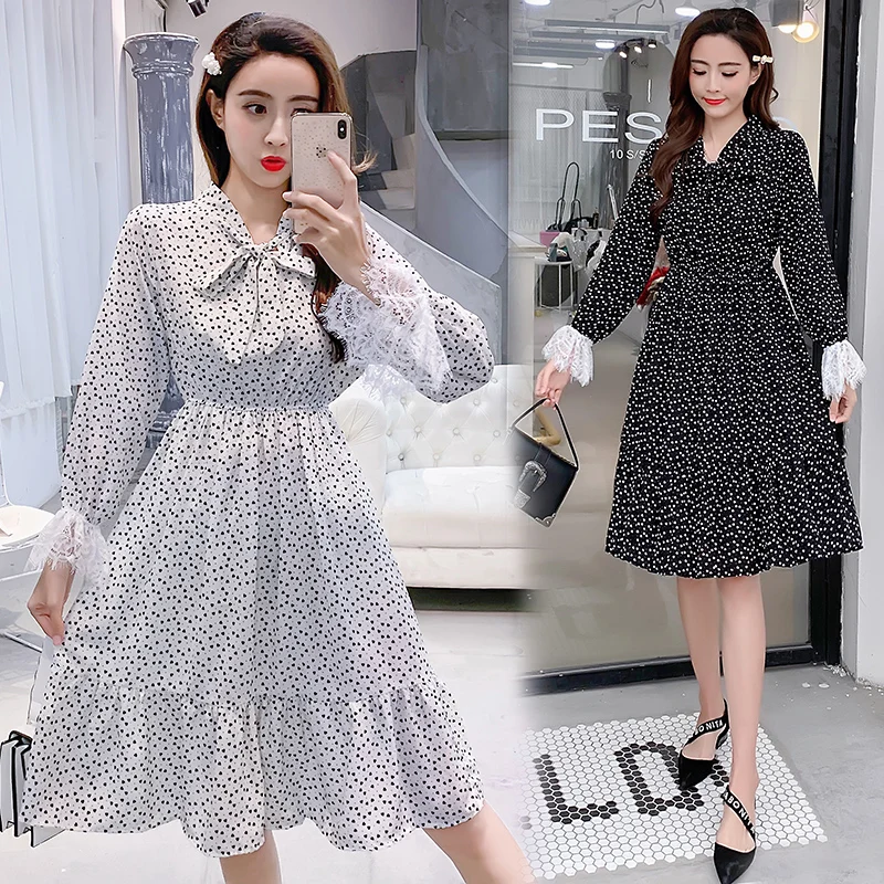 Винтажное длинное женское платье в горошек весенние шифоновые платья белого и