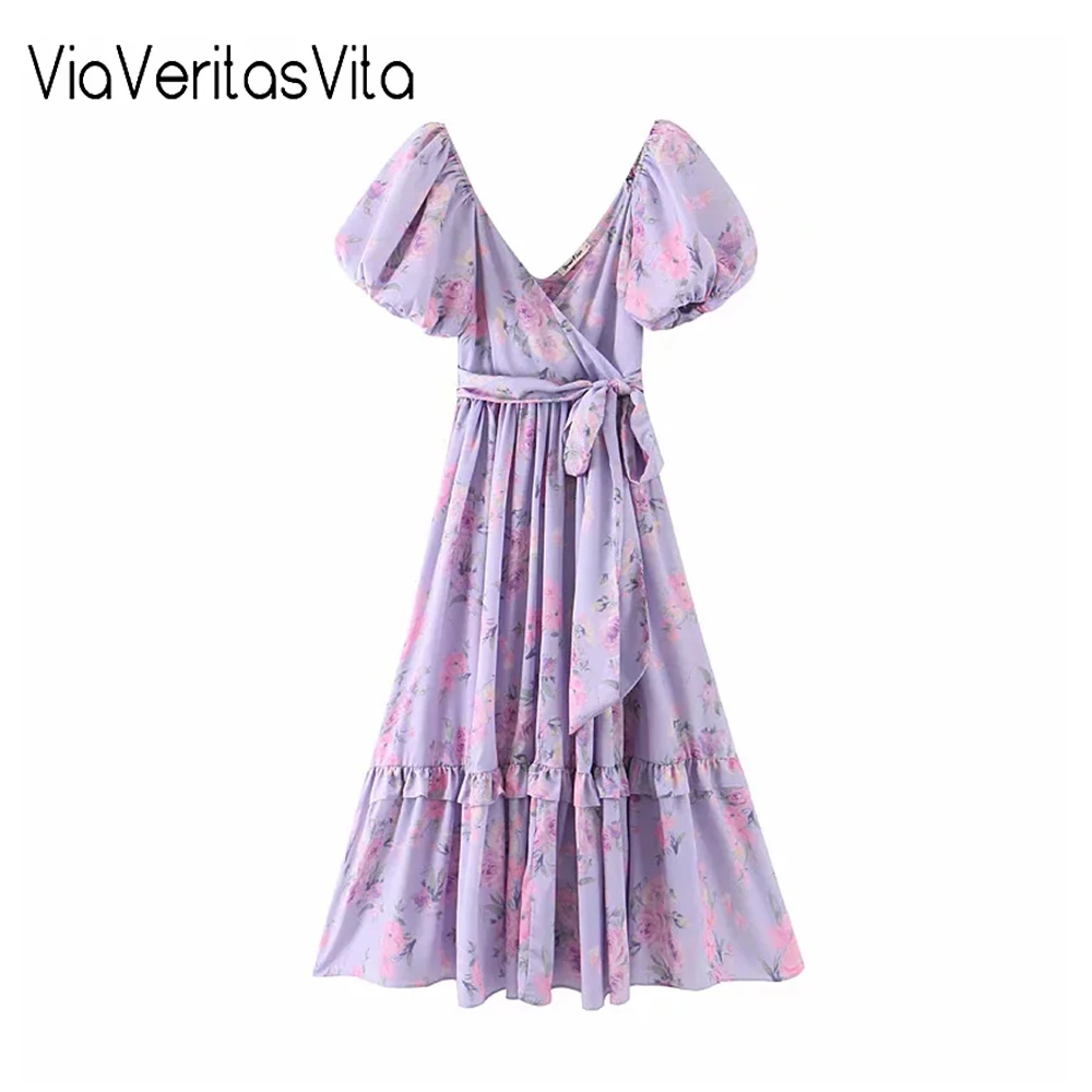 

Женское платье макси с пышными рукавами, Элегантное Вечерние нее платье лавандового цвета с V-образным вырезом и высокой талией, с оборками, ...