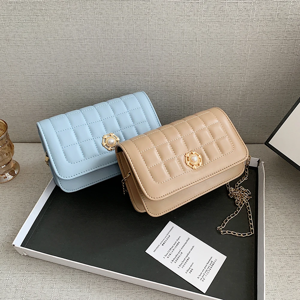 

PU Leather Women Fashion Messenger Bags Casual Lattice Pattern Solid Color Small Square Crossbody Bag Ladies Chain Shoulder Bags
