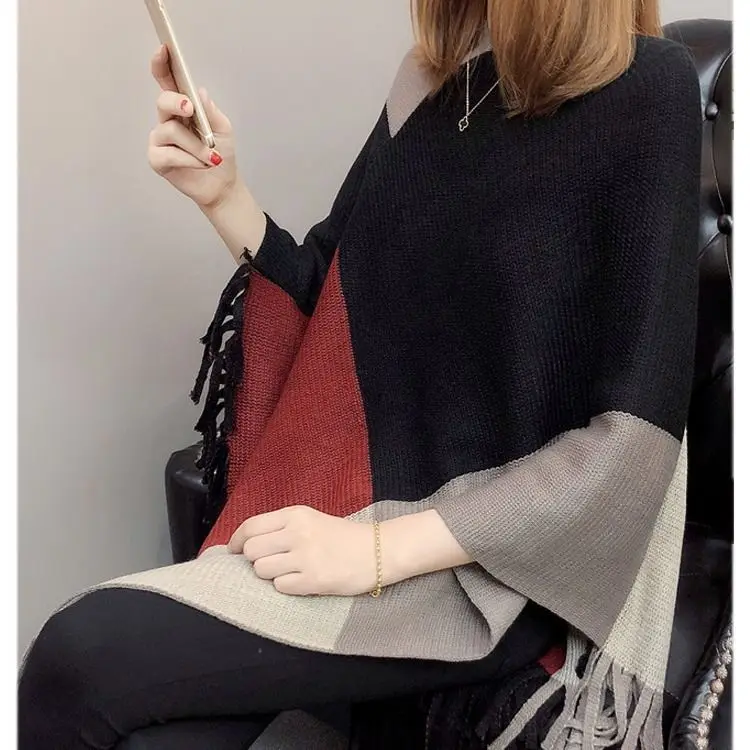 Вязаный свитер-пончо средней длины с бахромой женское свободного покроя