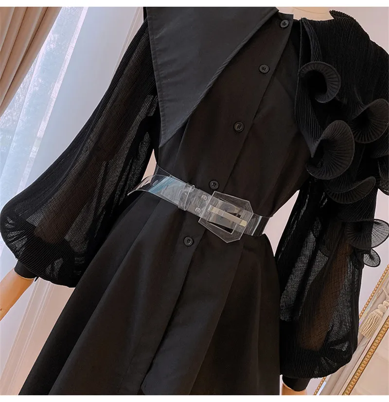 

High Quality 2020 Korea New Women's Blouse Peter Pan Collar Long Sleeve Ruffles Shirt Irregular Hem Sashes Solid Color Tops