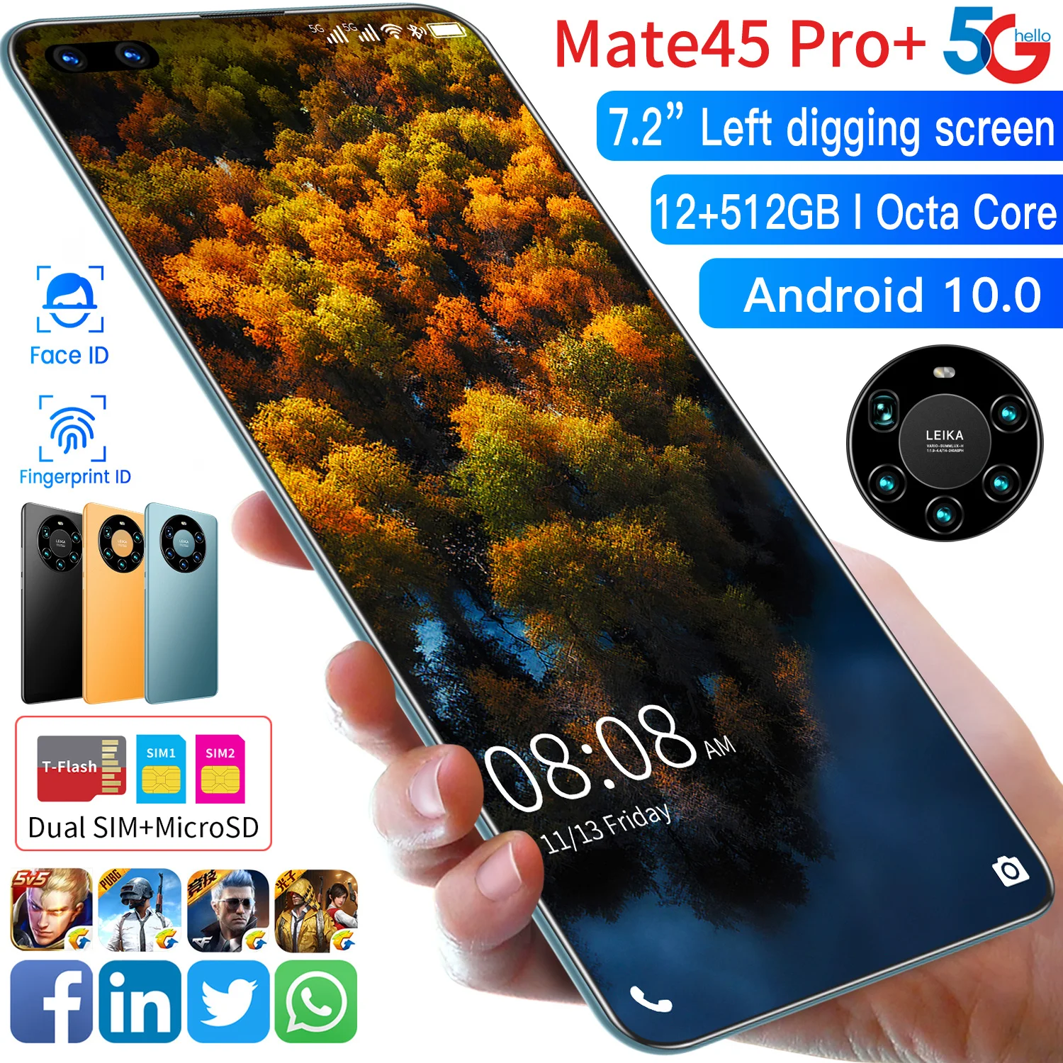 

Global Version Mate45 Pro+ 7.2 Inch Smartphone Full Screen Octa Core 6000mAh 8GB 256GB 4G LTE 5G Network Mobile Phone