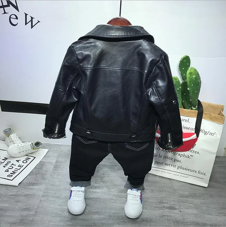 Children Clothing Set Boys Suit Spring Autumn Faux Leather Coat + T-Shirt+ Shirts+ Jeans 4PCS Kids Clothes 2-7years |