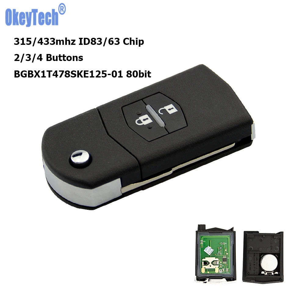 Oketech 315/433mhz chiave auto telecomando pieghevole per MAZDA 2 3 5 6 RX8 MX5 ID63 ID83 Chip per MA 2/3/4 pulsanti lama non tagliata