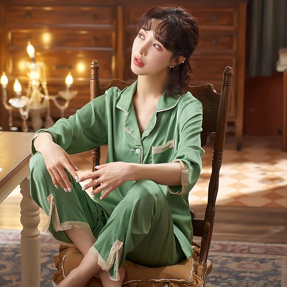 

2021 New Sleepwear Faux Silk Pajamas Women 2 Piece Set Casual Nightwear Lounge Wear Pyjamas Soft Intimate Lingerie Pijamas