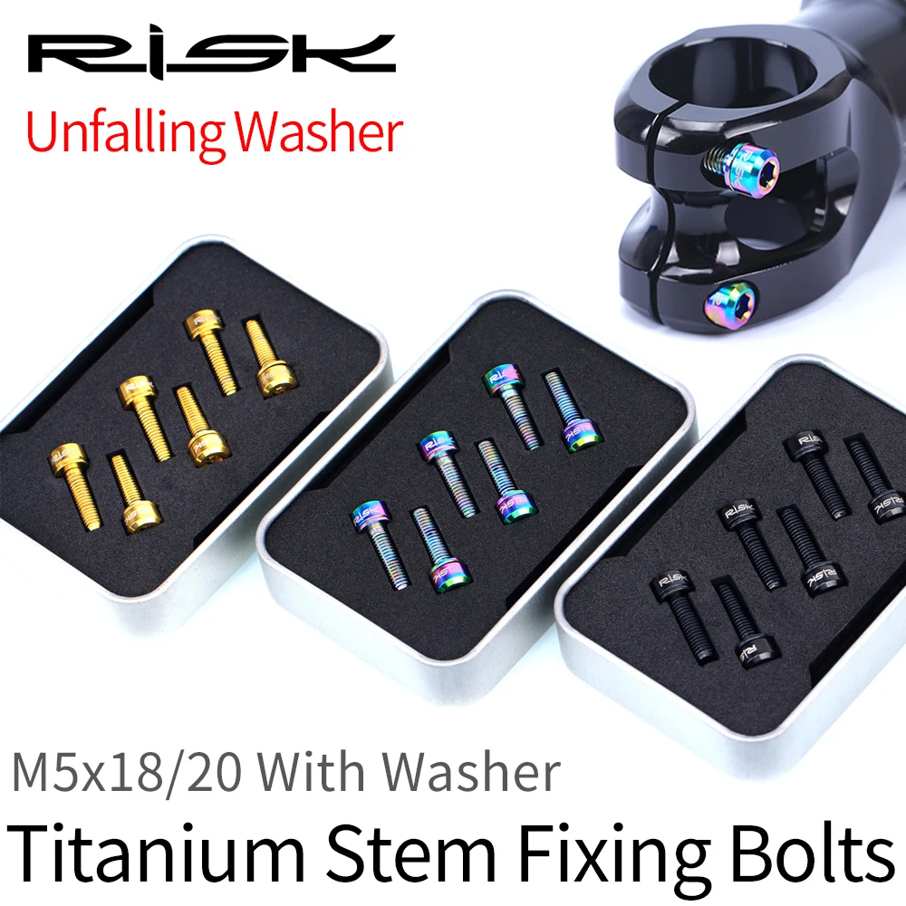 

RISK 6pcs/lot M5*18mm M5x20mm Ti Titanium Bolt Screw for Bicycle Stem Cycling MTB Bike Ultralight Stem Screw with Washer Gasket